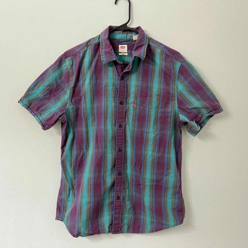 Levis Mens M Purple Teal Plaid Short Sleeve Button Up Shirt Standard Fit Cotton